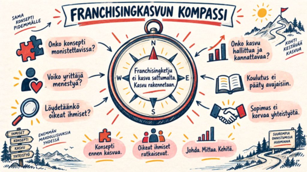 Käsin piirretty Franchisingkasvun kompassi, joka kuvaa franchisingketjun suunnan arviointia ja korjaamista.