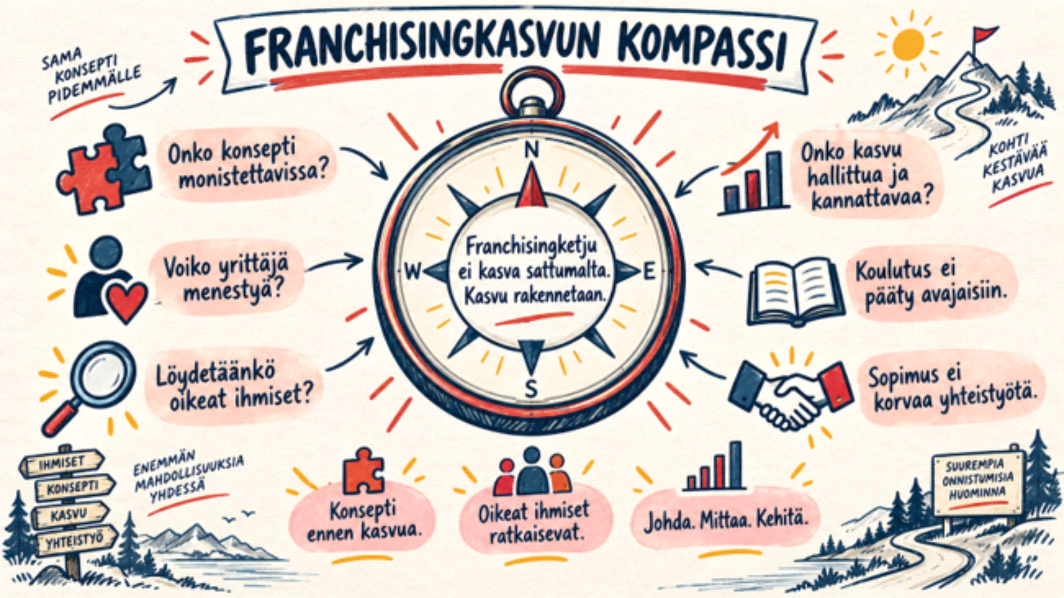 Käsin piirretty Franchisingkasvun kompassi, joka kuvaa franchisingketjun suunnan arviointia ja korjaamista.